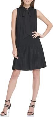 DKNY Women's Black Sleeveless Pleated Bow Tie Neck Mini Shift Tank Dress Size 8